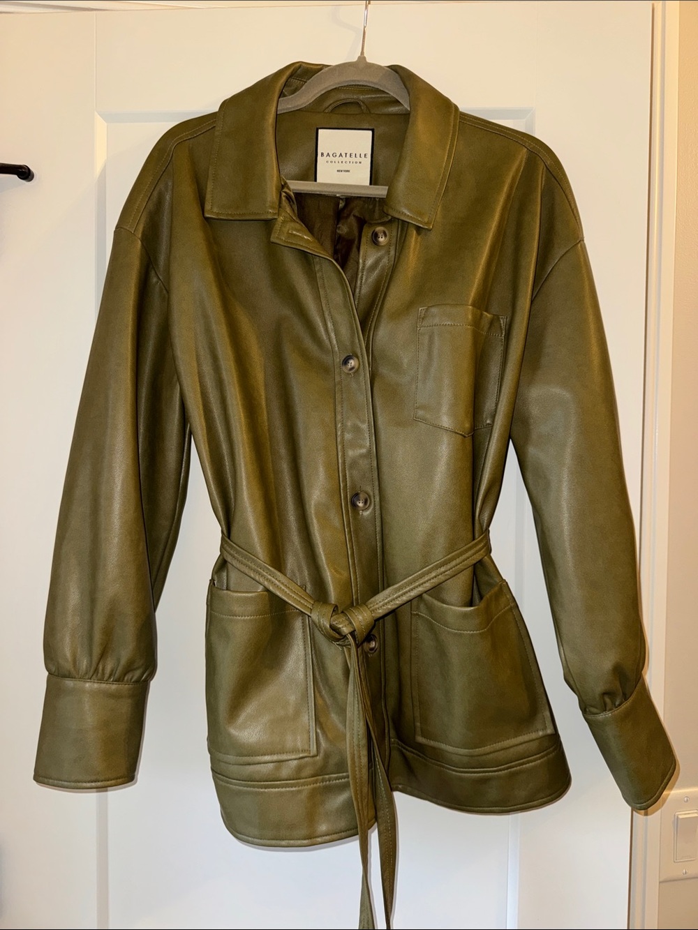 bagatelle Olive Green Faux Leather Shirt-Jacket with Waist Tie